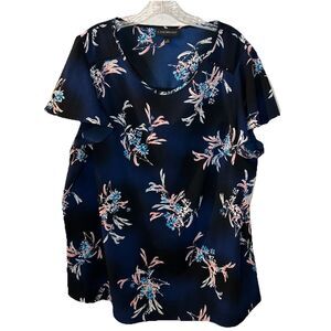 Lane Bryant Top Women size 20 short‎ sleeve blue floral scoop neck